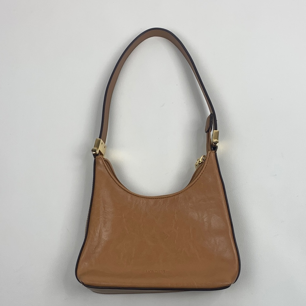 Mondani Tan Camel Faux Leather Small Shoulder Handbag Gold Trim & zipper Lined